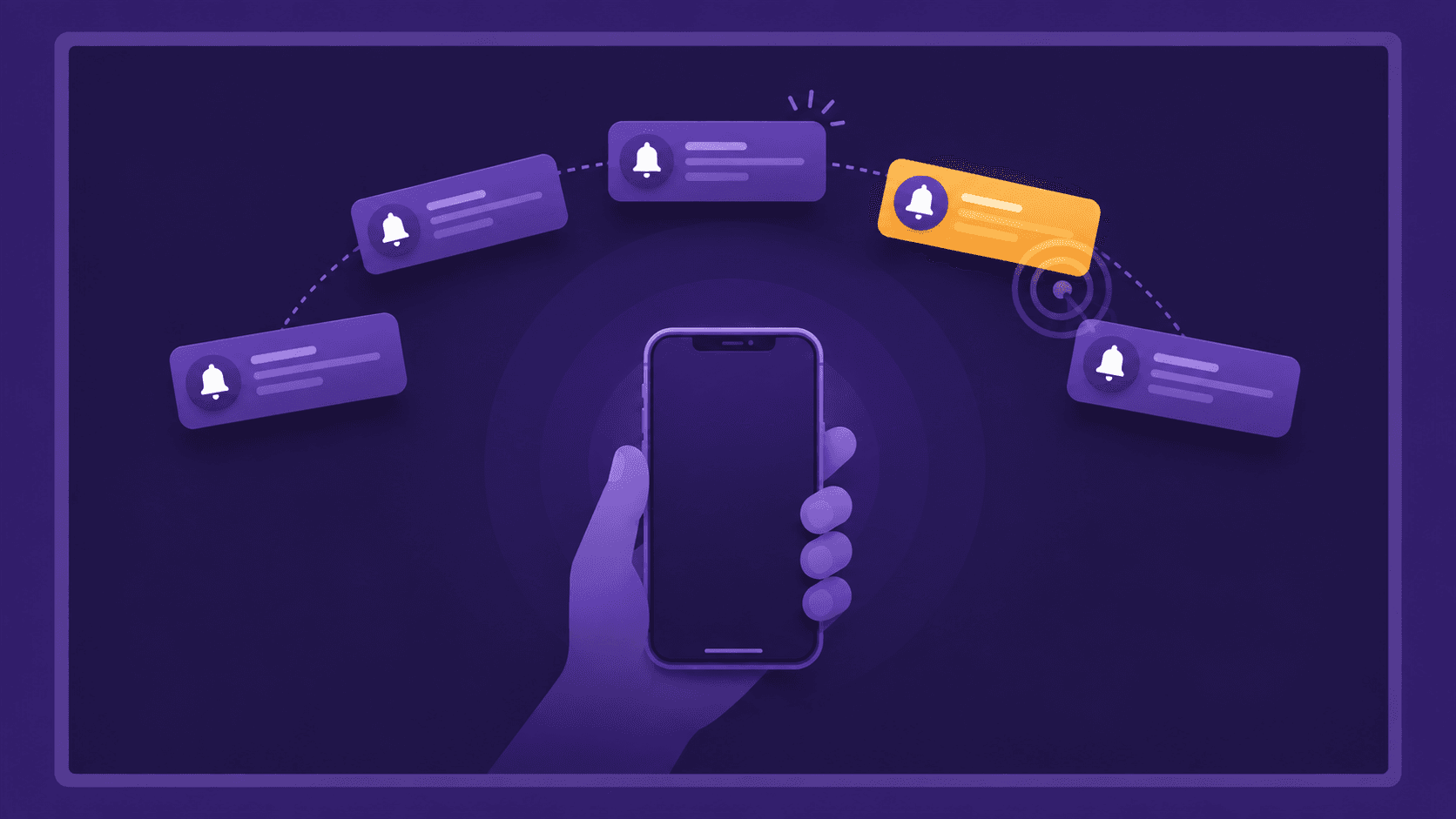 Several phone notification banners floating above a hand holding a phone, drawn in deep indigo with one amber accent banner.